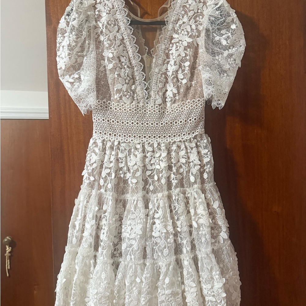 Bronx and Banco Cream Lace V-Neck Tiered Maxi Dress